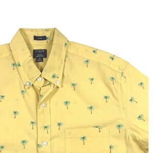 J.Crew Camp Shirt Mens M Yellow Palm Tree Slim Fit Stretch Flex Washed SSl